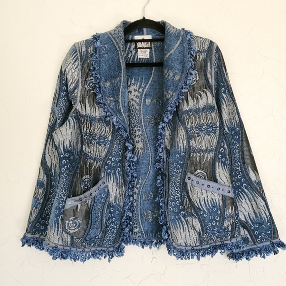 Vintage 90s Rare Stunning Upholstery Sequin Fringe Patterned Jacket - Picture 2 of 10